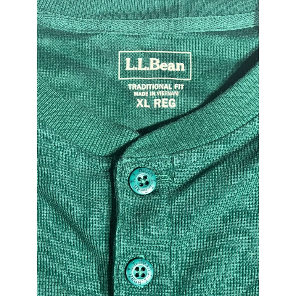 LL Bean Mens XL Regular Green Waffle Knit Long Sleeve Henley Traditional Fit